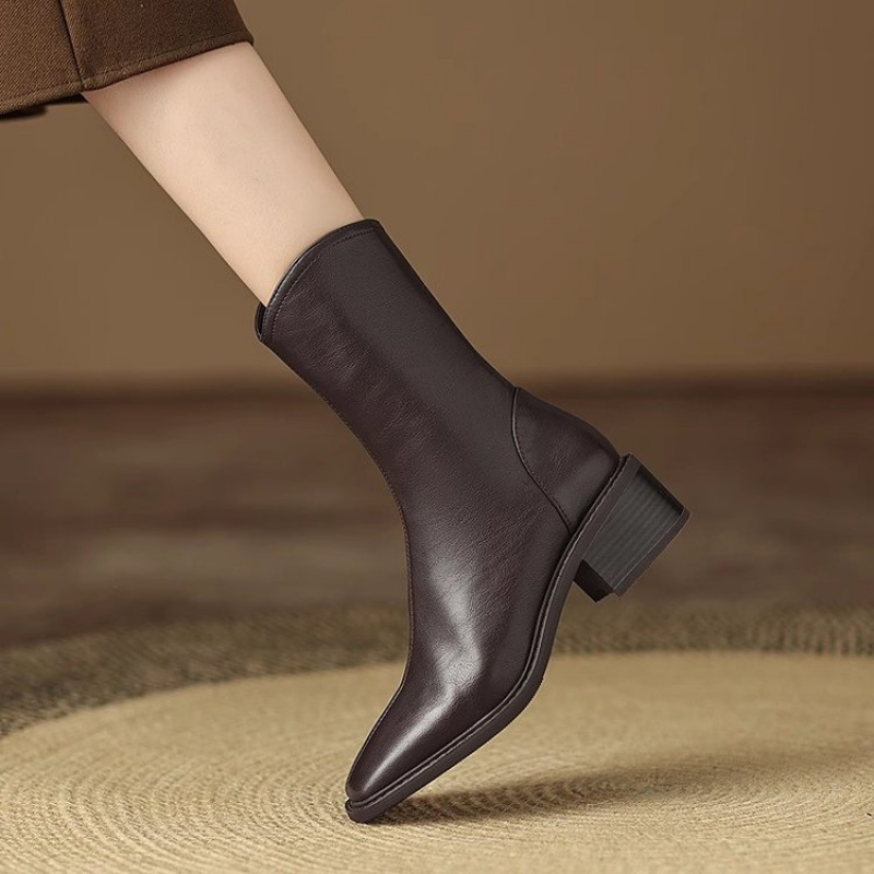 Women Square Toe Leather Ankle - Vintage Fashion Dresses 评论和价格
